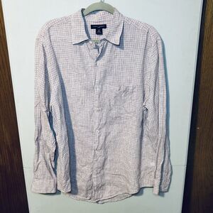 Banana Republic 100% Linen Button Up Shirt Men Medium Blue Red Check Long Sleeve